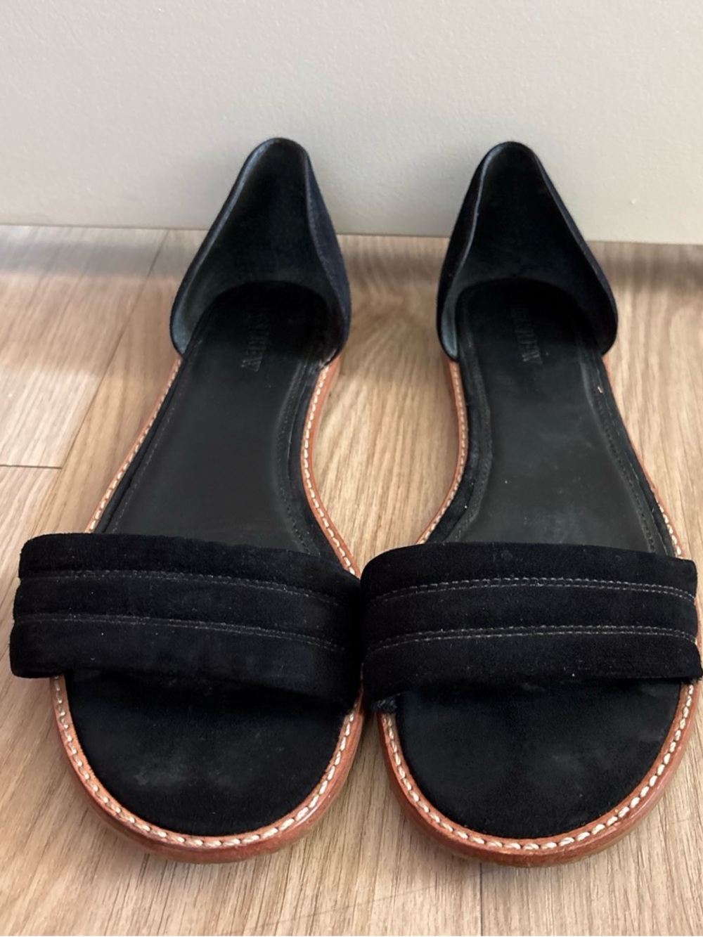 J. Crew Black Suede Open-Back Sandals with Brown Trim